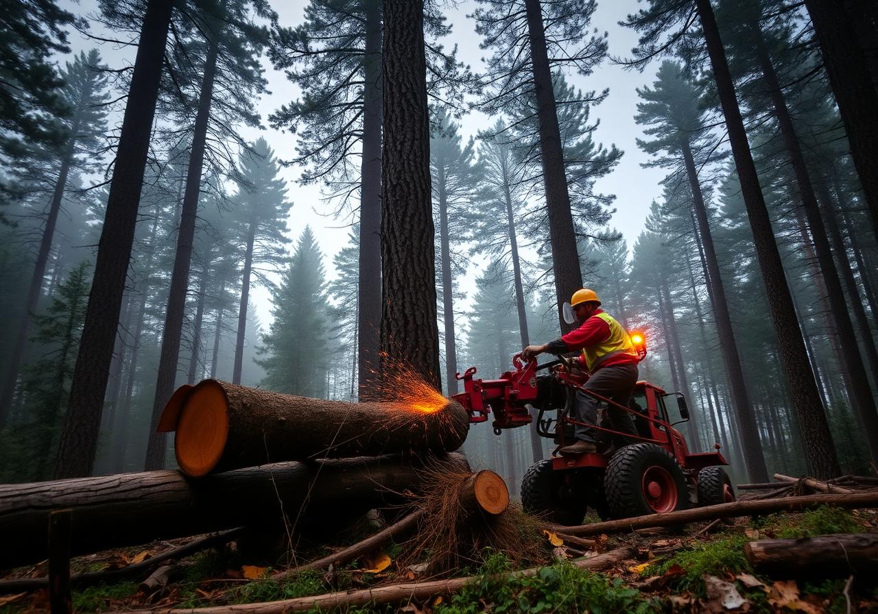 Feller buncher cutting timber in dense forest
