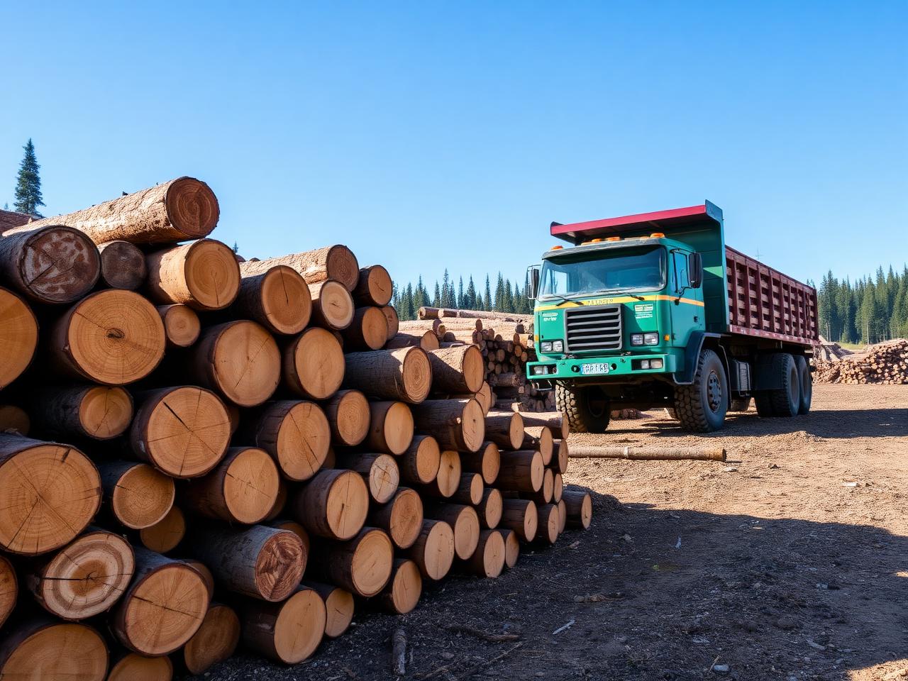 Stacked logs at landing with log truck