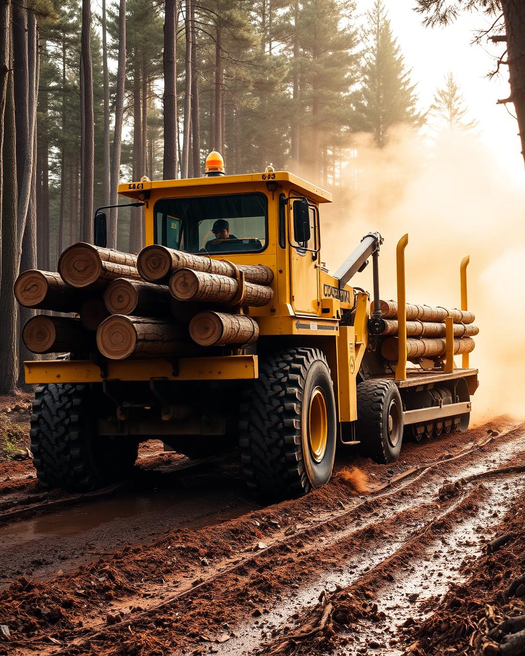 Yellow skidder hauling logs out of forest