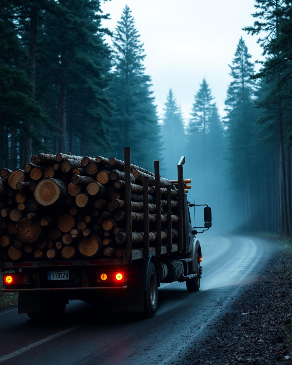 Log truck loaded driving on forest road