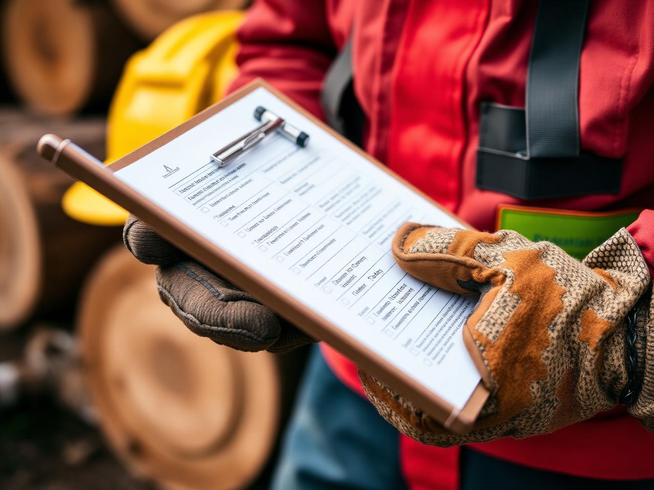 Logger reviewing safety checklist with hard hat in background